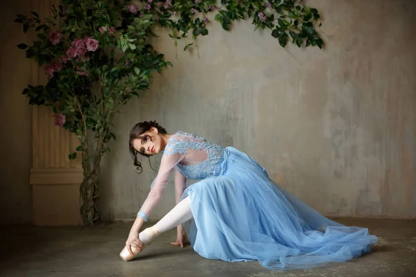 Hermosa niña elegante bailarina en vestido azul y zapatos puntiagudos — Foto de Stock