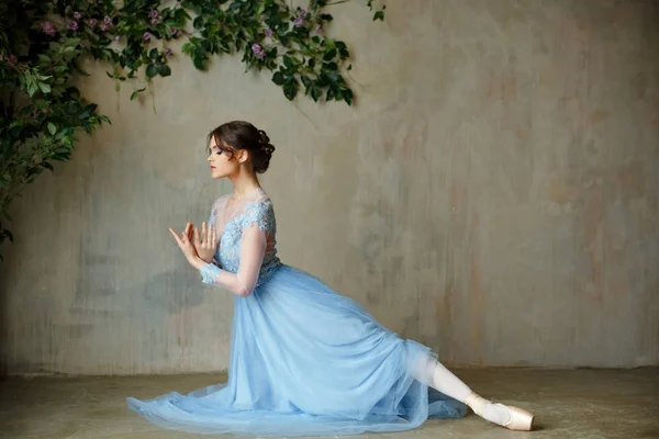 Hermosa niña elegante bailarina en vestido azul y zapatos puntiagudos — Foto de Stock