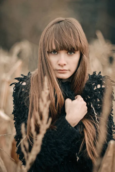 Hermosa cara de chica. Retrato de primer plano en color marrón, beige de chica bastante seria con el pelo largo y oscuro. Una chica muy seria abrazándose, abrazándose a sí misma. Imagen emocional de atractiva chica agradable . — Foto de Stock