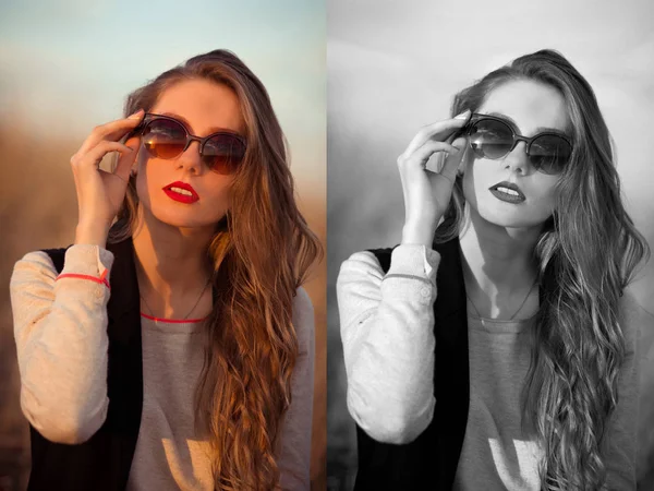 Very awesome, excellent, beautiful, attractive, snorting, stunning, fashionable, glamorous, cheerful, adorable, delightful girl with sunglasses, red lips, white teeth. — Stock Photo, Image