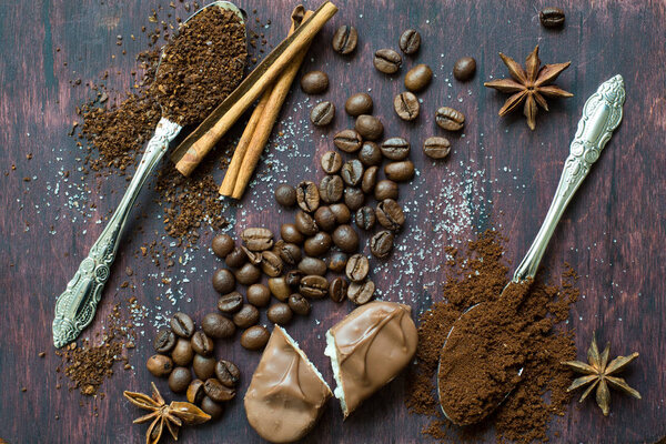 The sample of coffee menu, spoon and different coffee