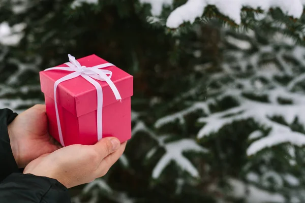 Girl holding a Christmas gift in a pink box — Stock Photo, Image