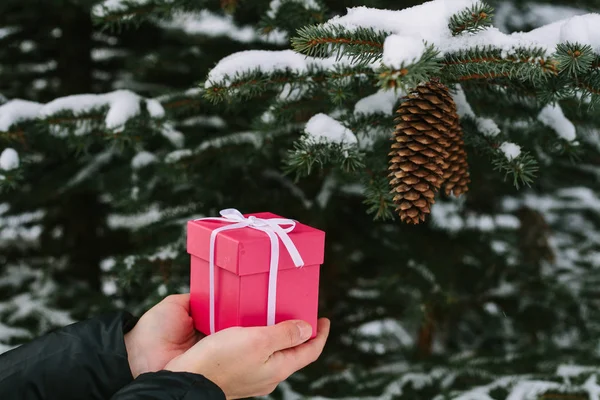 ピンク ボックスのクリスマス プレゼントを持って女の子 — ストック写真