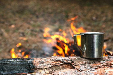 Demir fincan sıcak çay ile bir günlük yangın yakın duruyor. Vahşi kavramı içine yolculuk.