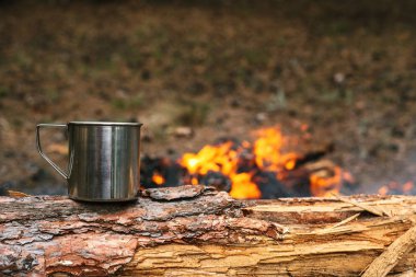 Demir fincan sıcak çay ile bir günlük yangın yakın duruyor. Vahşi kavramı içine yolculuk.