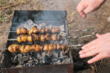 Şiş üzerinde pastırmalı kızarmış patates. Hafta sonu açık havada yemek kavramı.