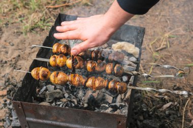 Şiş üzerinde pastırmalı kızarmış patates. Hafta sonu açık havada yemek kavramı.