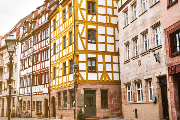 Traditional house in the German style in Nuremberg. European architecture houses in Bavaria, Germany.