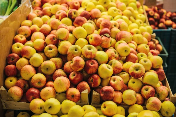 Свежие яблоки. Натуральные местные продукты на фермерском рынке. Сбор урожая. Сезонные продукты. Еда . — стоковое фото