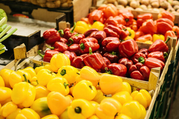 Fresh and organic vegetables at farmers market. Marketplace. Natural produce. Paprika. Pepper.