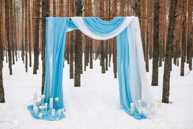 Bir düğün kemer dekorasyon. Kavram ve fikirler Kış Düğün dekor ormanda.