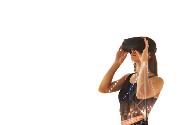 Mujer con gafas de realidad virtual. Concepto de tecnología futura. Tecnología de imagen moderna . —  Fotos de Stock