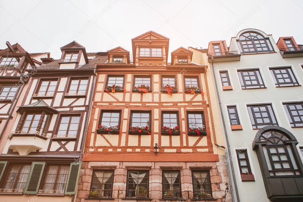 Traditional house in the German style in Nuremberg. European architecture houses in Bavaria, Germany.  