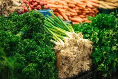 Farklı Yeşiller. Soğan ve maydanoz çiftçiler piyasada. Çiftlik piyasada doğal yerel ürünleri. Hasat. Mevsimlik ürünler. Gıda.