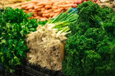 Farklı Yeşiller. Soğan ve maydanoz çiftçiler piyasada. Çiftlik piyasada doğal yerel ürünleri. Hasat. Mevsimlik ürünler. Gıda.