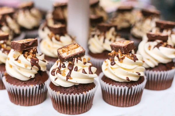 Cupcakes au chocolat fraîchement cuits avec crème au beurre, noix et chocolat vue du dessus. Dessert pour les vacances — Photo