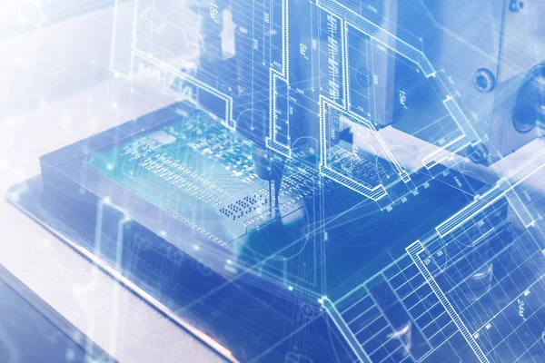 Geleceğin teknolojileri kavramı. Fütüristik bir tarzda görsel efektlerle Computer kurulu. Otomasyon makine montaj bilgisayar devre panosunu. Yönetim Kurulu lehimleme işlemi. 