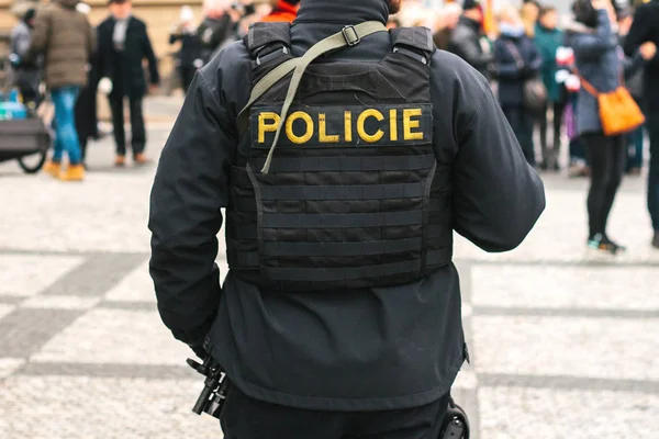 Την Τσεχική αστυνομία. Ένας αστυνομικός για την προστασία της δημόσιας τάξης. Μια εννοιολογική εικόνα της προστασίας των ατόμων από την αστυνομία. — Φωτογραφία Αρχείου