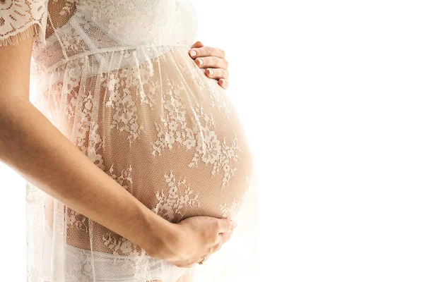 Hermosa mujer embarazada adulta. Esperando al bebé. Embarazo. Cuidado, ternura, maternidad, parto. Fondo blanco . — Foto de Stock