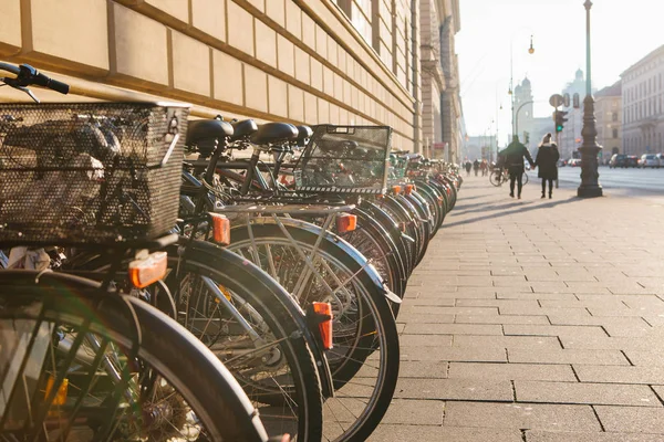 Wiele rowerów z rzędu na ulicy w Monachium, Niemcy, Europa. Parking dla rowerów. Przyjazna środowisku i zdrowy środek transportu po mieście. zdrowy styl życia — Zdjęcie stockowe