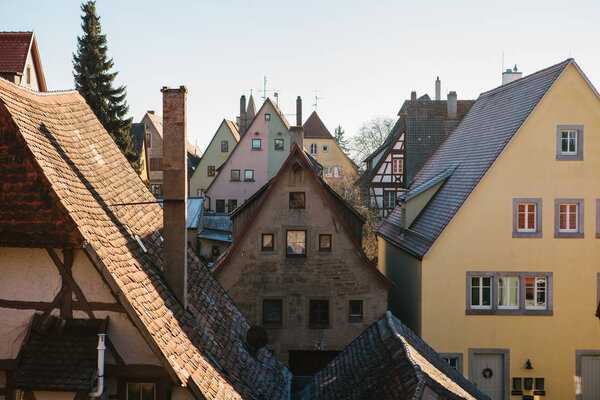 A view of the traditional German houses and roofs in Rothenburg ob der Tauber in Germany. Europe.