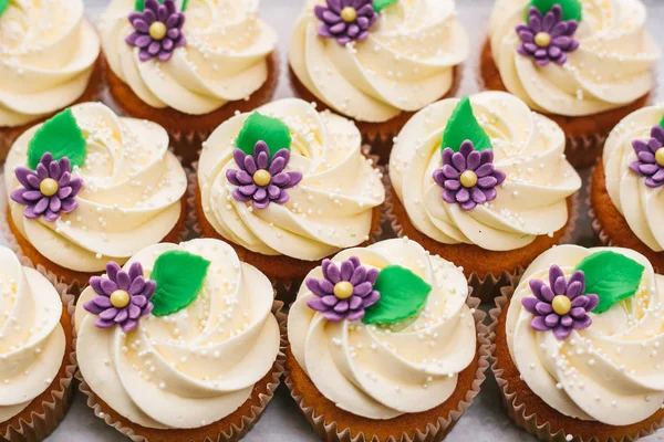 Cupcakes à la vanille fraîchement cuits avec de la crème au beurre, vue sur le dessus. Fond doux . — Photo