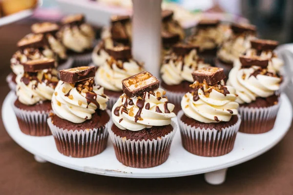 Cupcakes au chocolat fraîchement cuits avec crème au beurre, noix et chocolat . — Photo