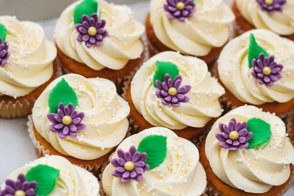 Cupcakes à la vanille fraîchement cuits avec de la crème au beurre, vue sur le dessus. Fond doux . — Photo