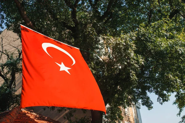 Binanın yanındaki ağaçlar üzerinde Türk bayrağı — Stok fotoğraf