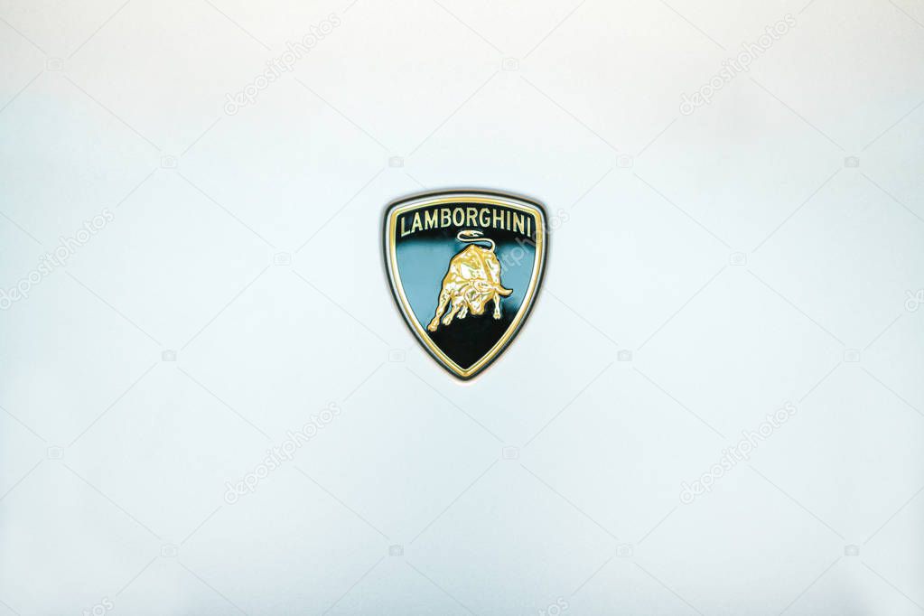 Volkswagen Group Forum - auto show in Berlin. Close-up. Lamborghini logo on white background