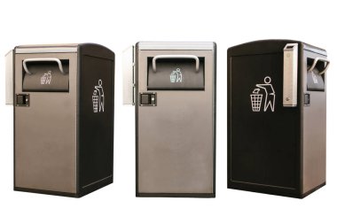 Ayarlayın. Nesneleri farklı pozisyonlarda. Modern akıllı depo gözü beyaz arka plan üzerinde izole. Atık toplama