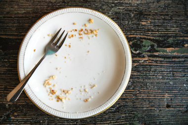Conceptual image of the end of the holiday is an empty plate with crumbs and a fork on it. clipart