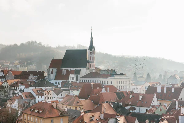 Uitzicht op de stad van de huizen en de kerk van St. Vitus in Cesky Krumlov in Tsjechië. De kerk is één van de belangrijkste bezienswaardigheden van de stad. — Stockfoto