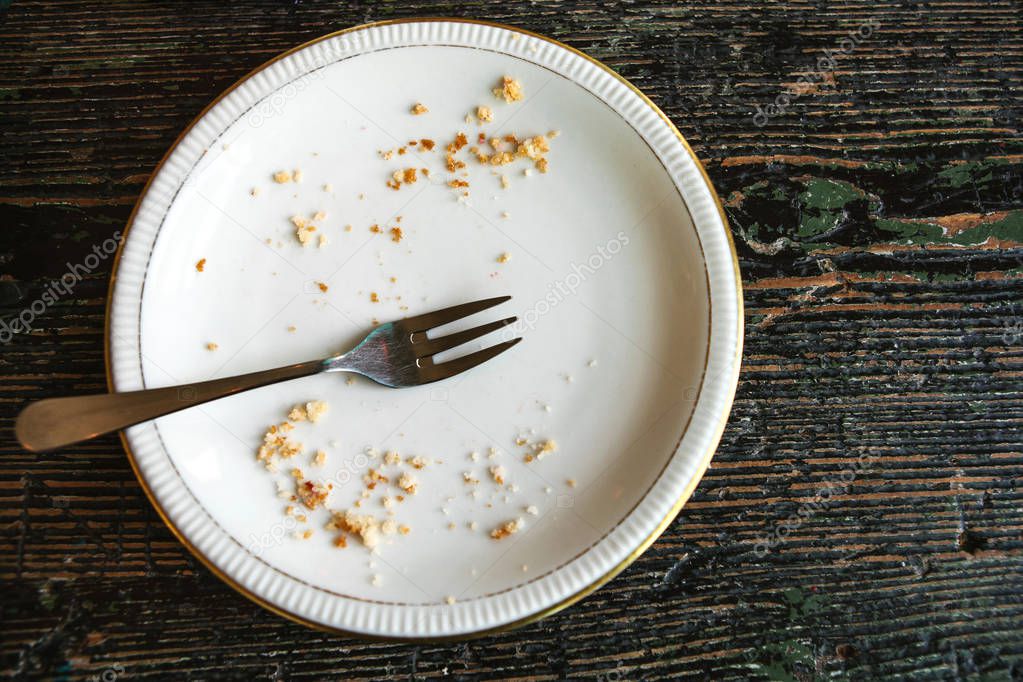 Conceptual image of the end of the holiday is an empty plate with crumbs and a fork on it.