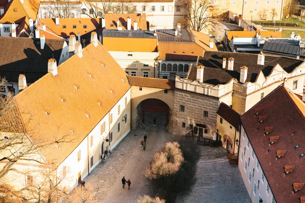 A view from the air to beautiful authentic houses and streets in the town of Cesky Krumlov in the Czech Republic. One of the most beautiful small towns in the world. Europe.