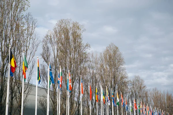 Flags of different countries in the Park of Nations in Lisbon in Portugal — Stock Photo, Image