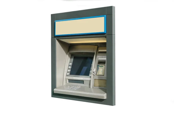 Moderne straat ATM-machine voor terugtrekking van geld en andere financiële transacties geïsoleerd op witte achtergrond — Stockfoto