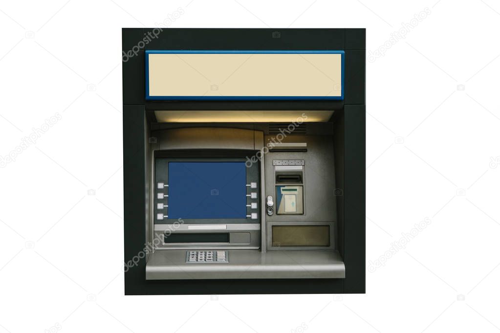 Modern street ATM machine for withdrawal of money and other financial transactions isolated on white background