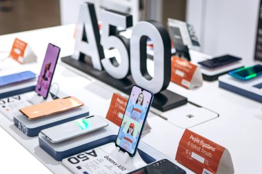 Turkey, Istanbul, December 20, 2019: Sale of new Samsung Galaxy A50 cell phones in the official Samsung store
