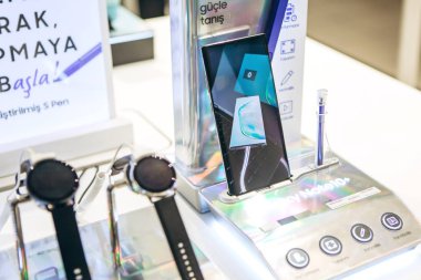 Turkey, Istanbul, December 20, 2019: Sale of the new modern Samsung Galaxy Note 10 plus and other Samsung gadgets in the official store