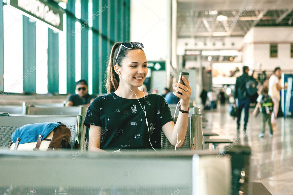 Girl tourist talking on video chat