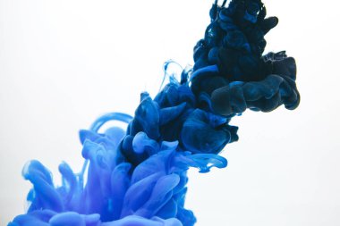 Mix of black and classic blue ink in water isolated on white background.