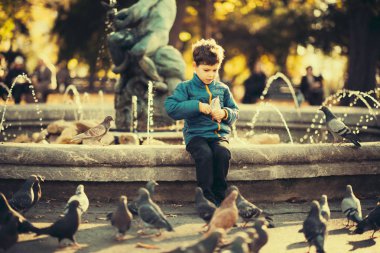 Sevimli çocuk Park güvercin besleme