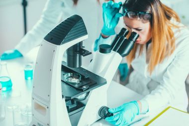 Yaşam Bilimleri Araştırma, kadın araştırmacı mikroskop altında örnek yerleştirme