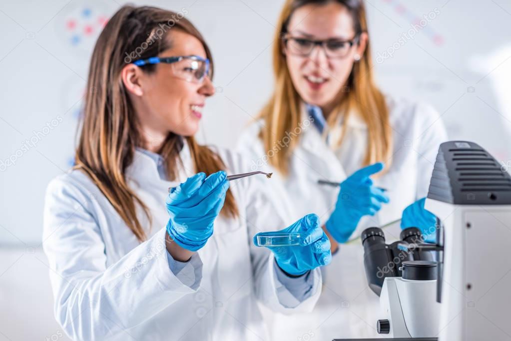 Female students researching samples in laboratory