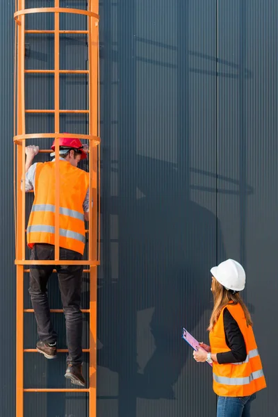Männlicher Bauarbeiter Auf Leitern — Stockfoto