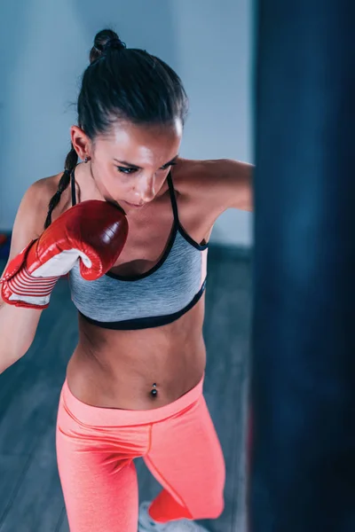 Young Woman Exercising Gym Punching Bag — Stock Photo, Image