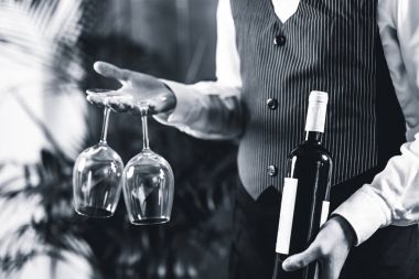 Sommelier şarap şişesi ve şarap bardakları 
