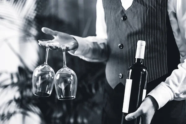 Sommelier Sosteniendo Botellas Vino Copas Vino — Foto de Stock