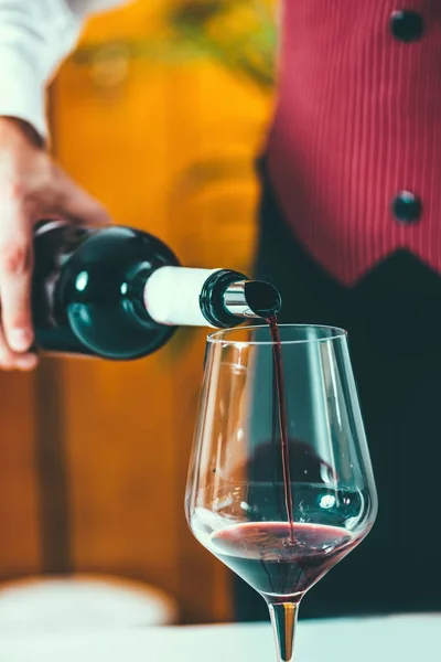 Sommelier Gieten Rode Wijn Uit Fles — Stockfoto